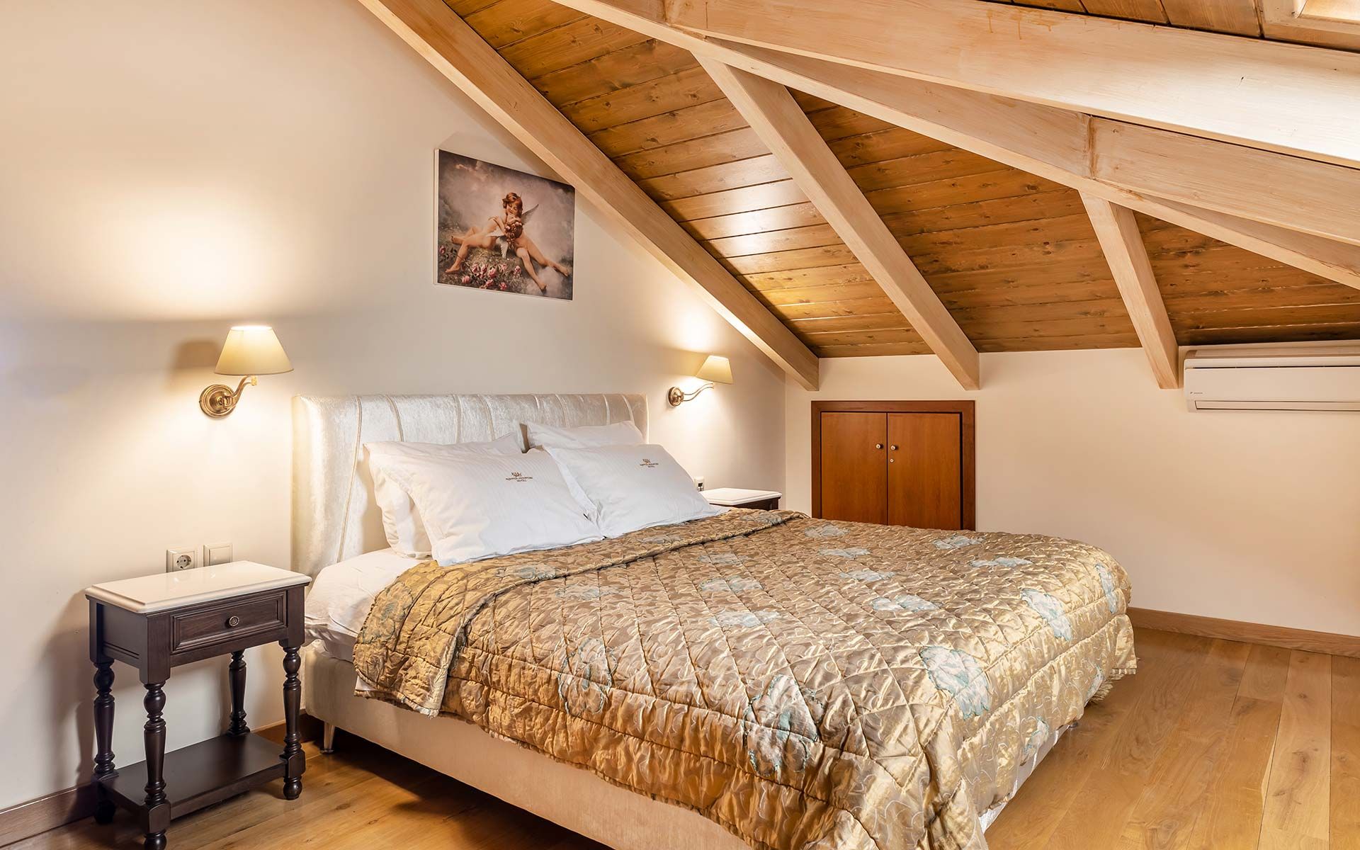 Room with a double bed.